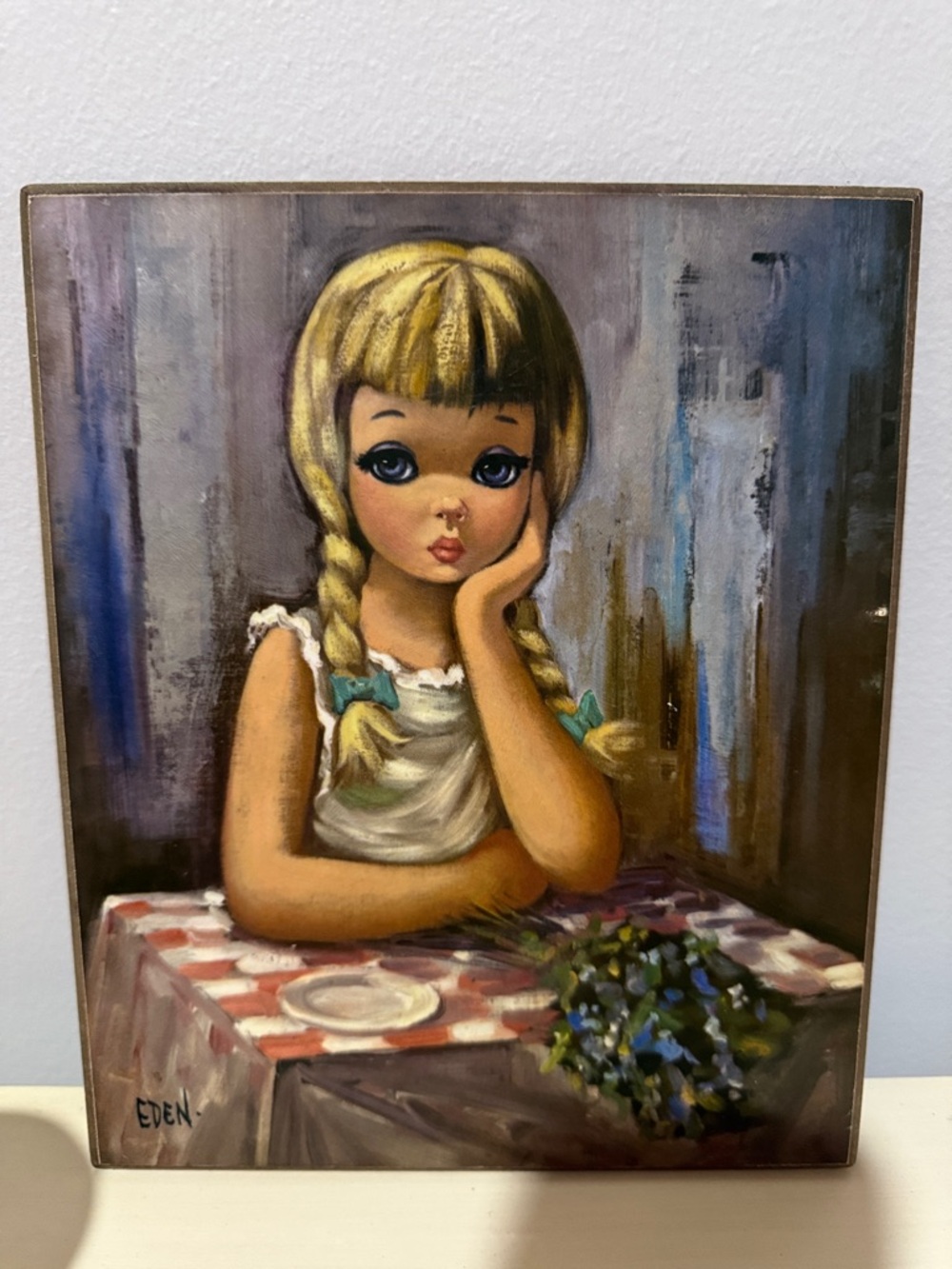 Vintage Lithograph on Board by Eden titled  “Pensive. “Big Eye” 60’s style.